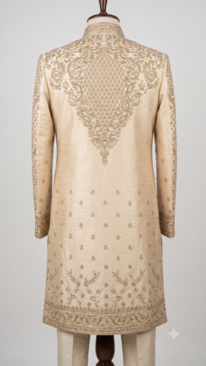 Premium Beige Gold Embroidered Dulha Sherwani (Mannequin Back View)